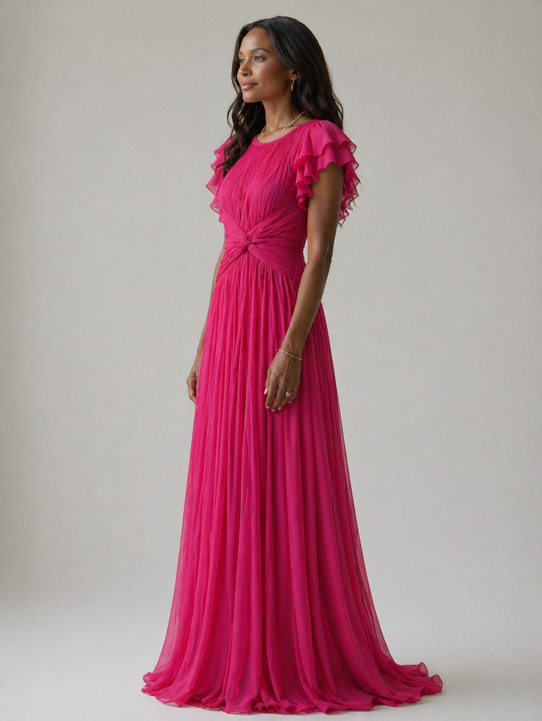 Flutter Sleeve Pleated Twist Front Maxi Gown 3