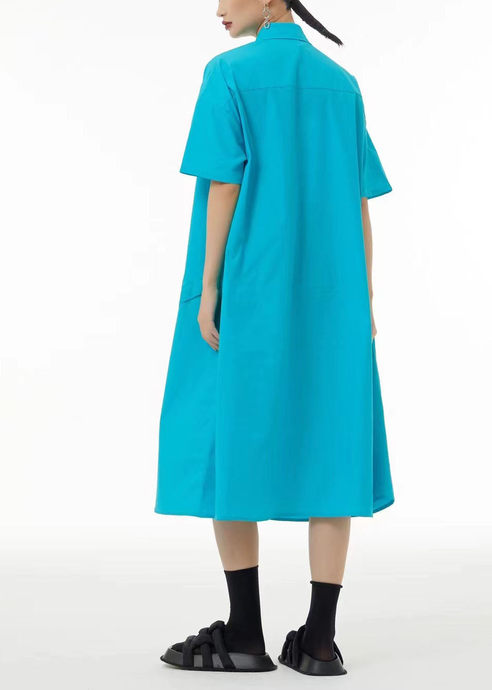 Button Down Short Sleeve Puffy Flower Appliqué Strap Midi Dress - View 4