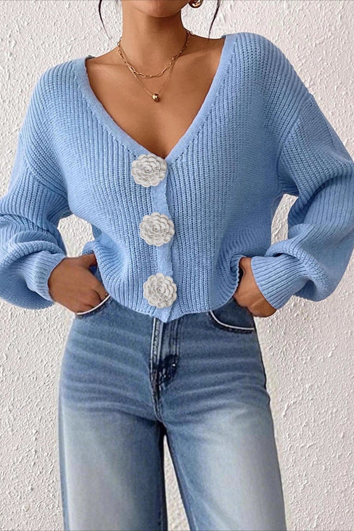 Button Front Crochet Knit Crop Sweater