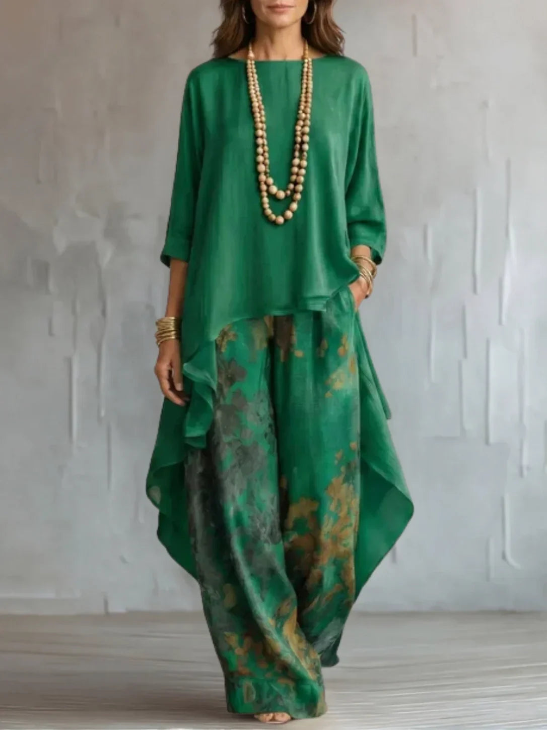 Boat Neck High Low Top and Floral Wide Leg Pants Two Piece Set 6