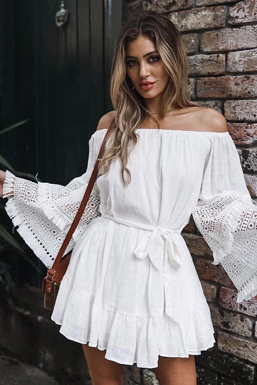 Off Shoulder Bell Sleeve Lace Trim Tie Waist Ruffle Mini Dress