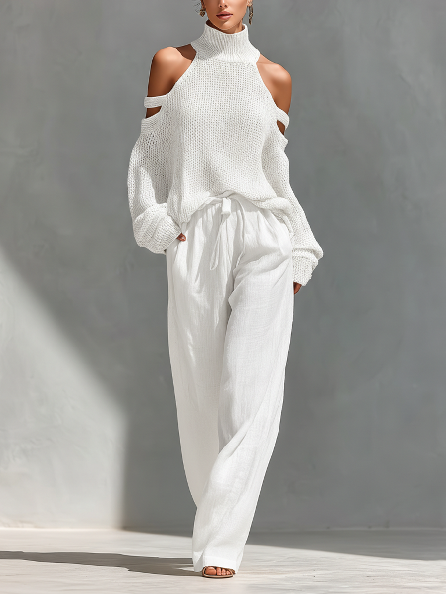 Cold Shoulder Turtleneck Knit Top and Wide Leg Pants Two Piece Set 4
