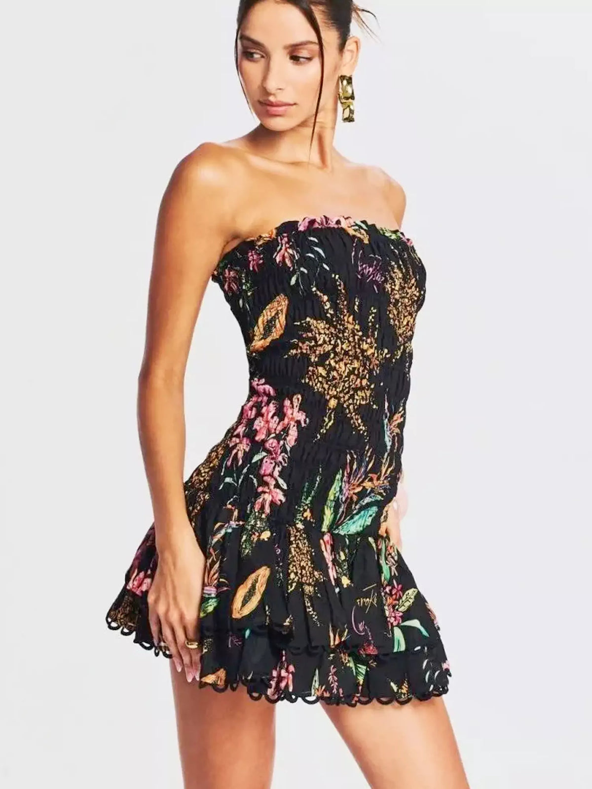 Floral Print Strapless Smocked Tiered Mini Dress - View 5