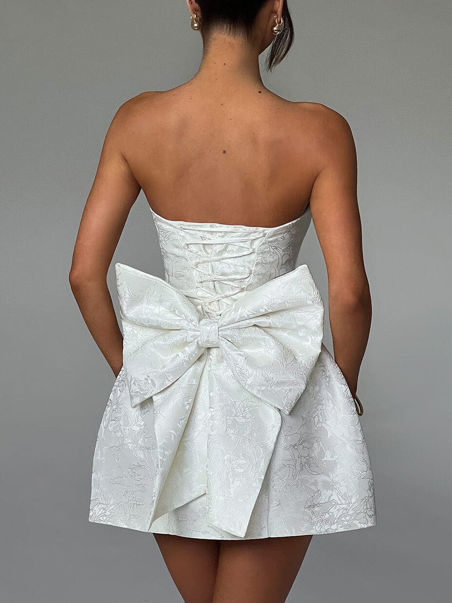 Jacquard Floral Strapless Back Bow Structured A-Line Mini Dress - View 3