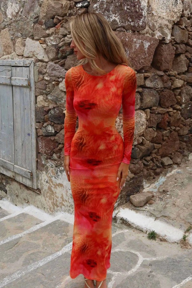 Backless Mesh Long Sleeve Bodycon Maxi Dress - View 3