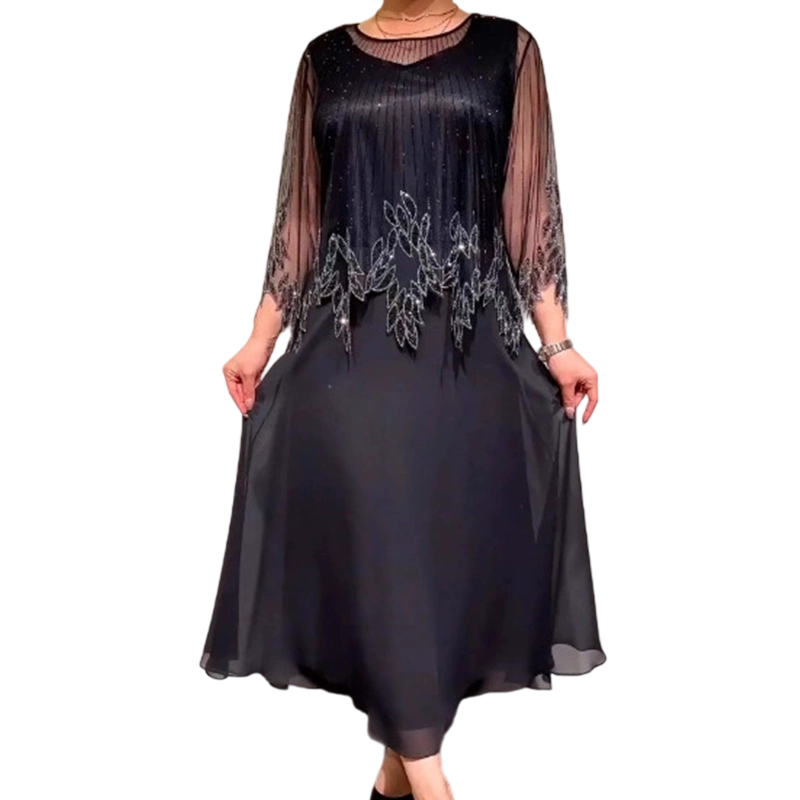 Embellished Sheer Long Sleeve Chiffon A-Line Midi Dress 6