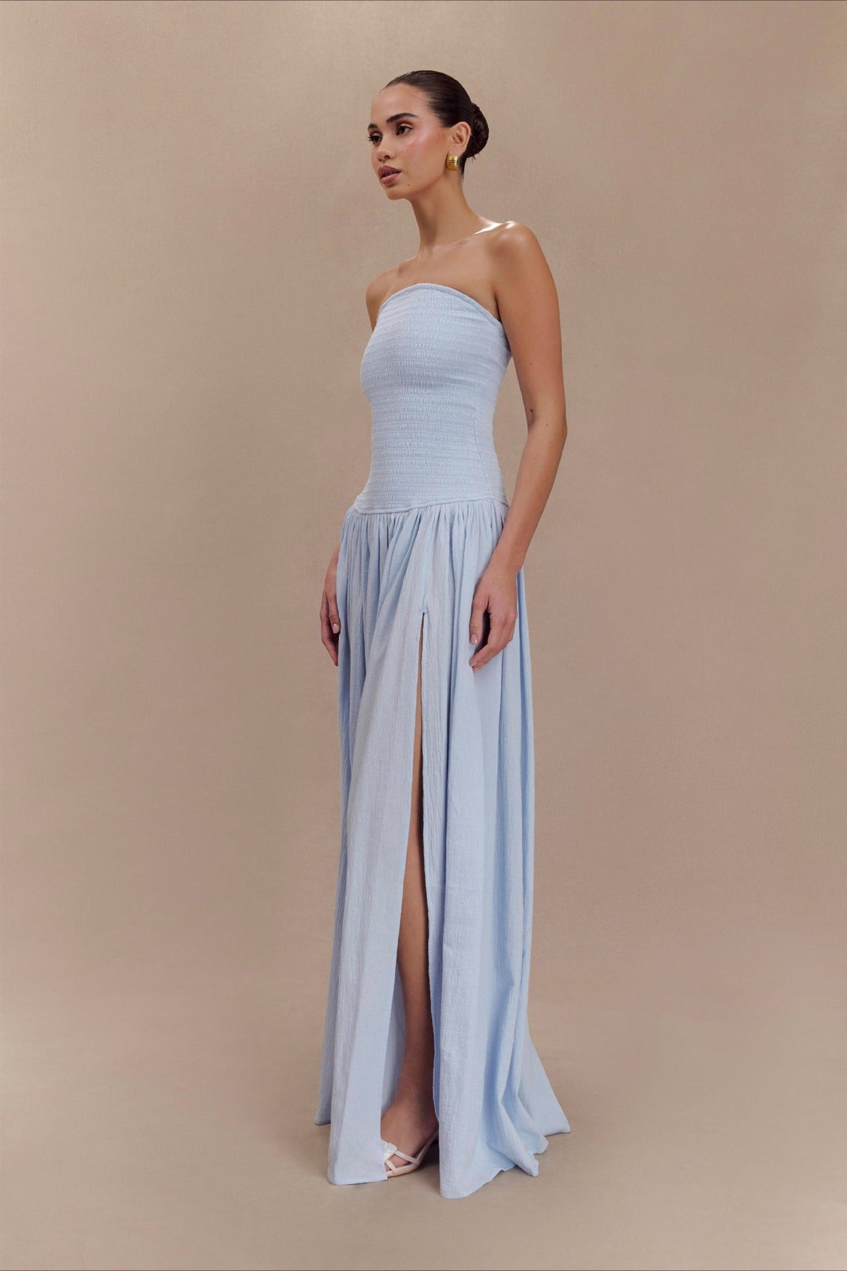 Strapless Ruched High Split Flowy Maxi Prom Dress - View 4