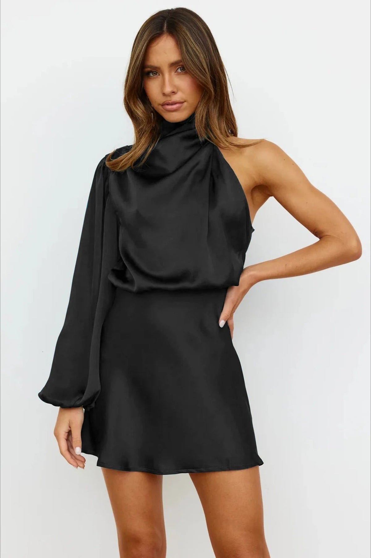 Satin One Shoulder Mini Dress - View 4