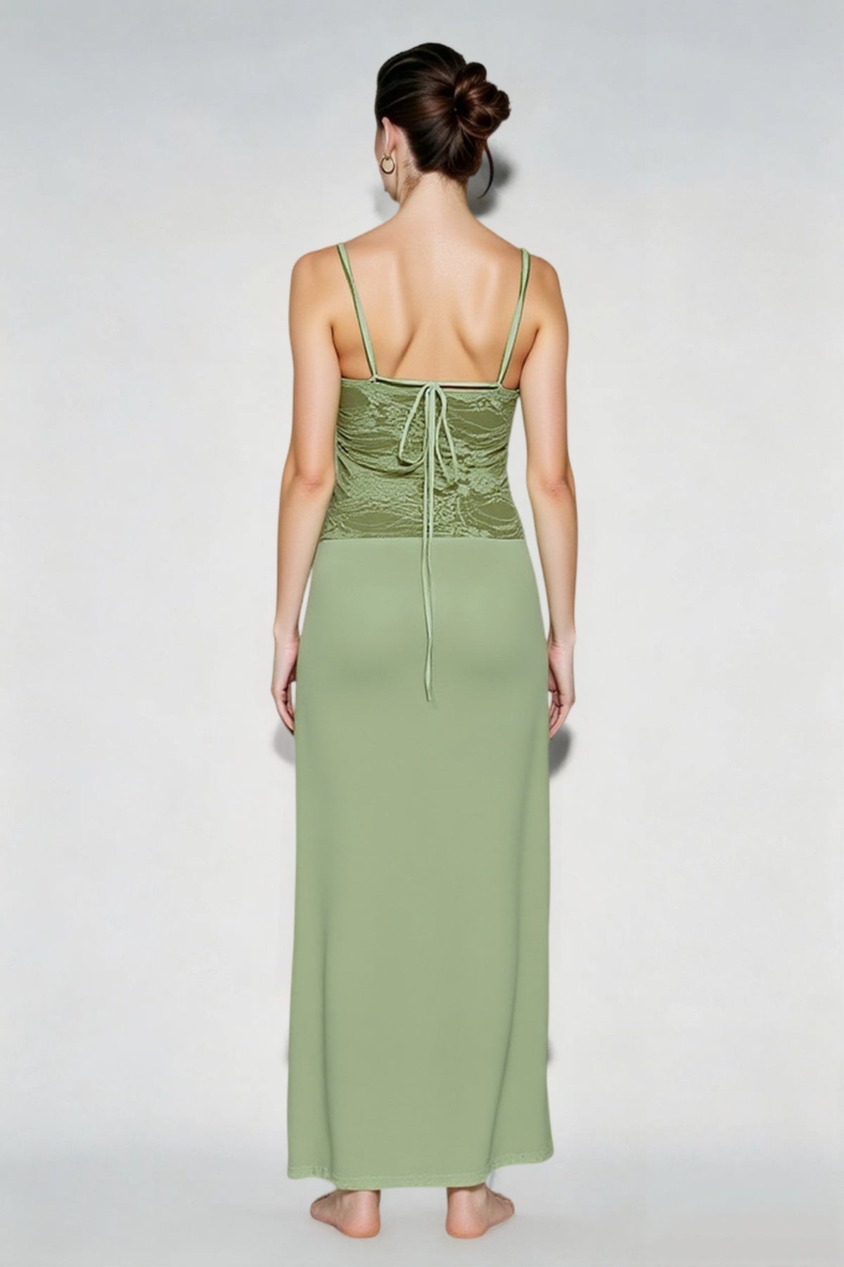 Spaghetti Strap Lace Bodice Sheer Ruched Maxi Dress 4