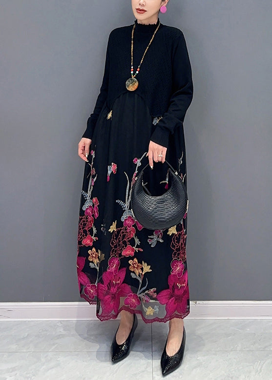 Faux Two-Piece Mock Neck Long Sleeve Floral Maxi Dress - View 4