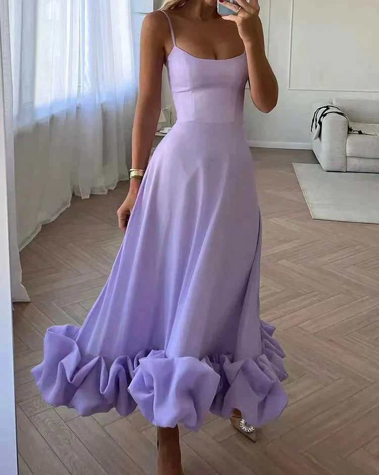 Spaghetti Strap Princess Seam Bubble Ruffle Hem Maxi Gown
