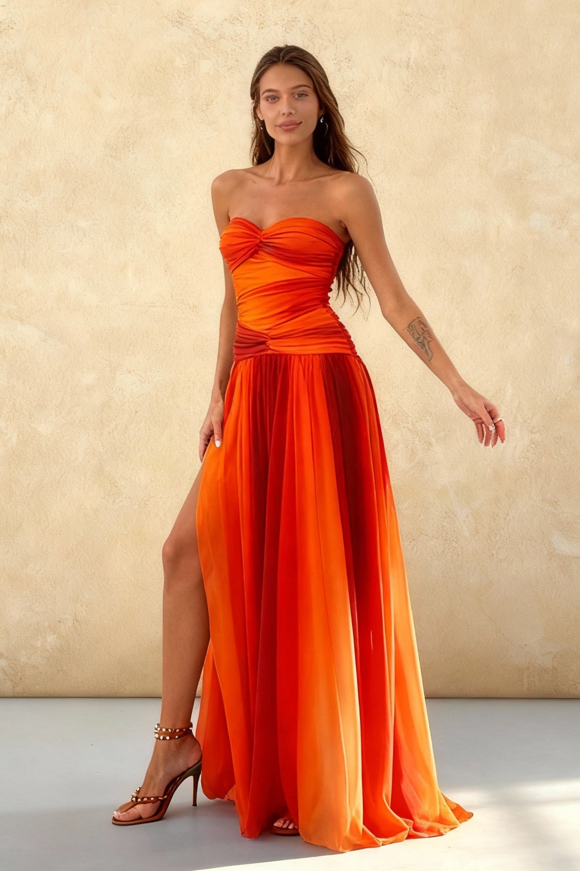 Gradient Pleated Hollow Strap Midi Dress