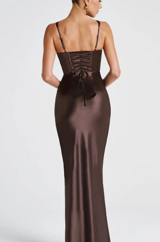 Satin Corset Deep V-Neck Pleated Bust Wide Strap Bodycon Maxi Gown - View 10