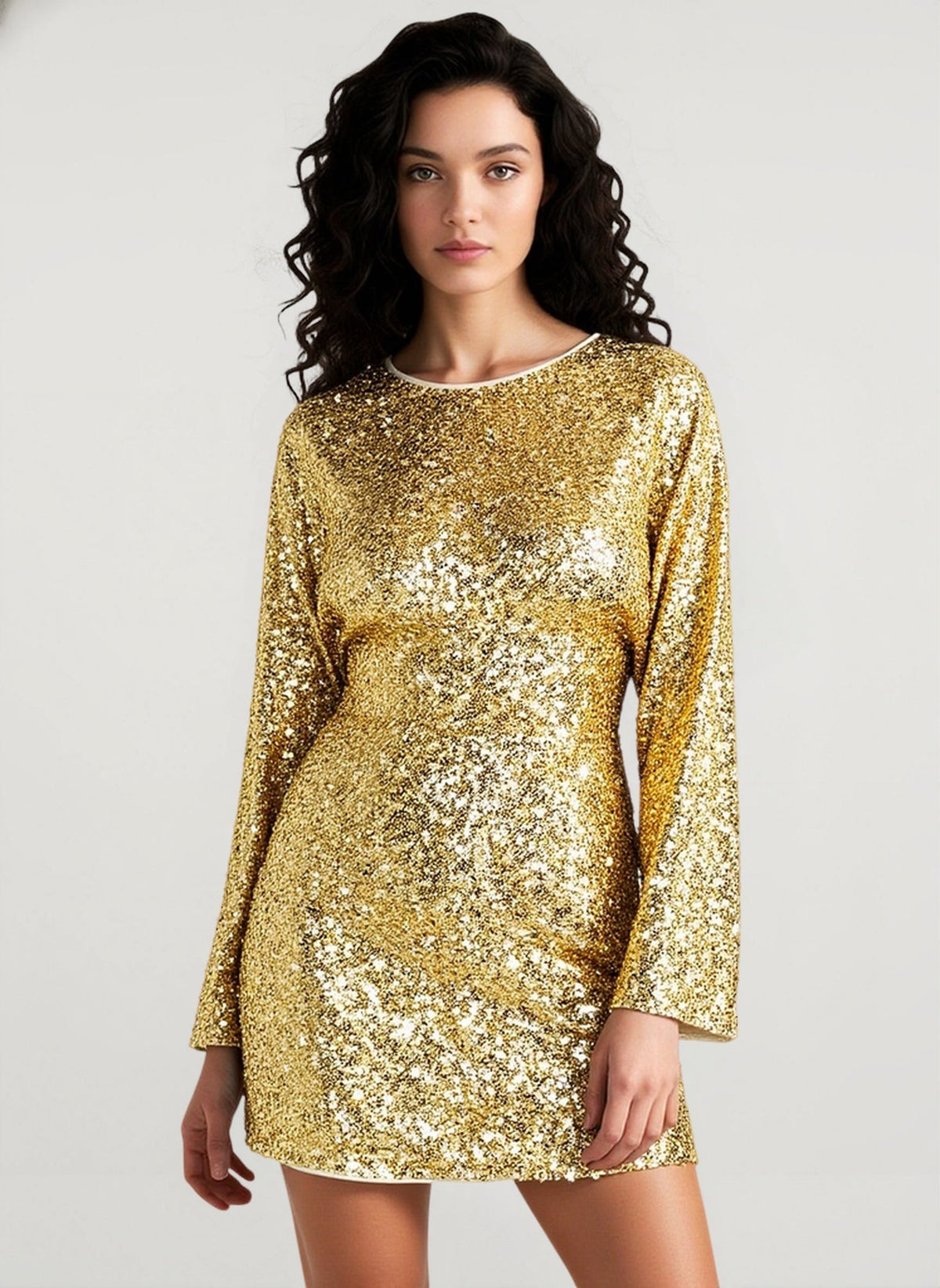 Crew Neck Long Sleeve Sequin Shift Mini Dress