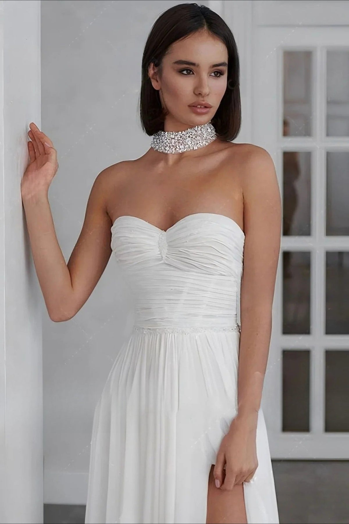 Chiffon Sweetheart Ruched High Split A-Line Prom Dress - View 3