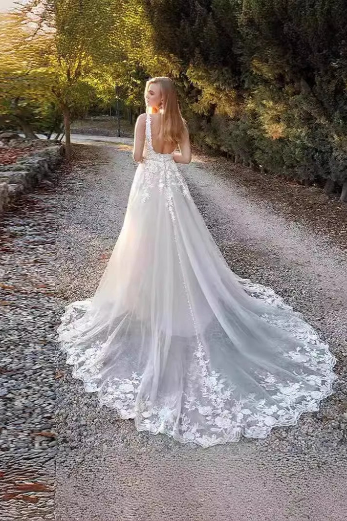 Deep V-Neck Lace Applique A-Line Train Wedding Gown - View 3