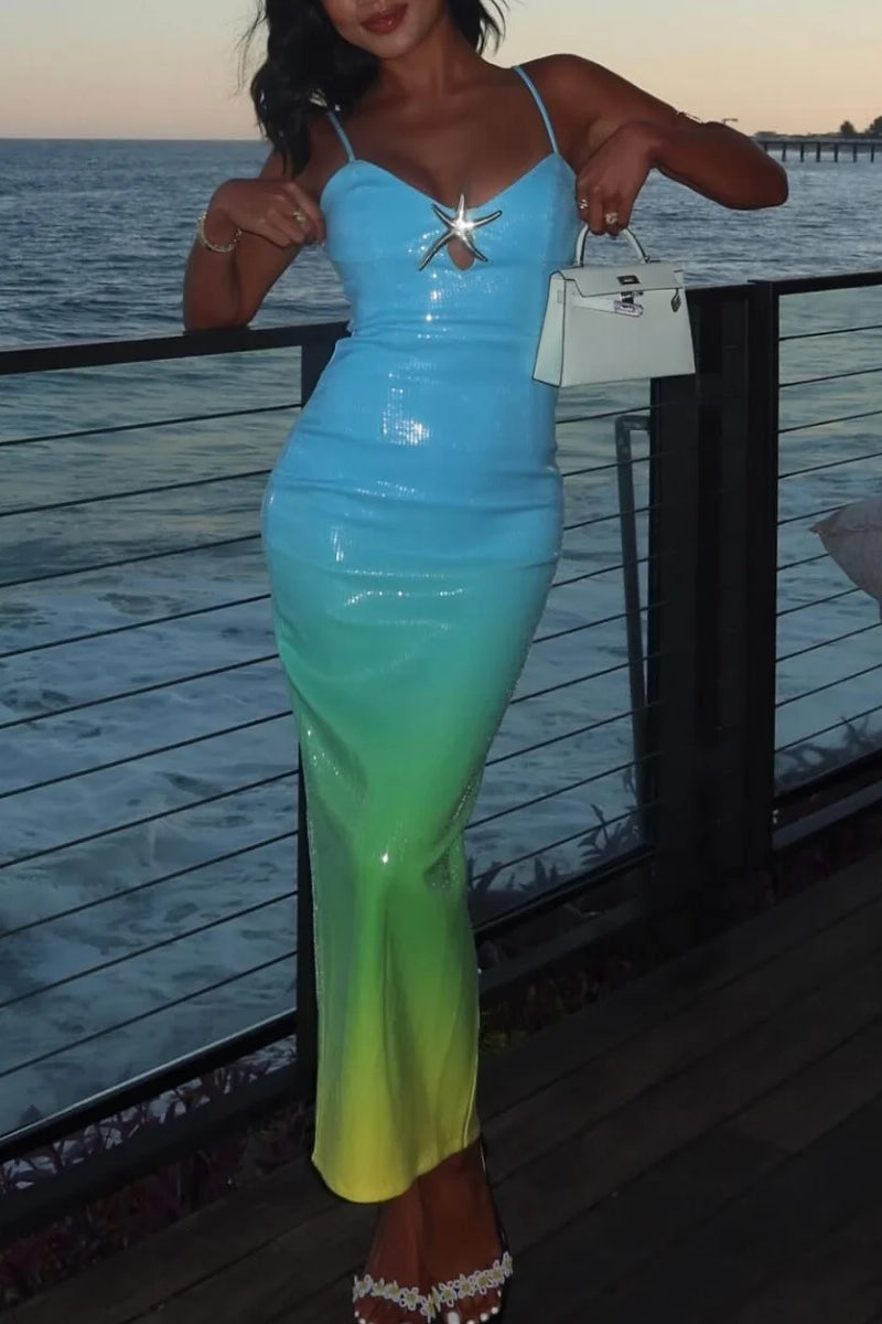 Sequin Ombre Sweetheart Spaghetti Strap Starfish Bodycon Maxi Dress - View 6