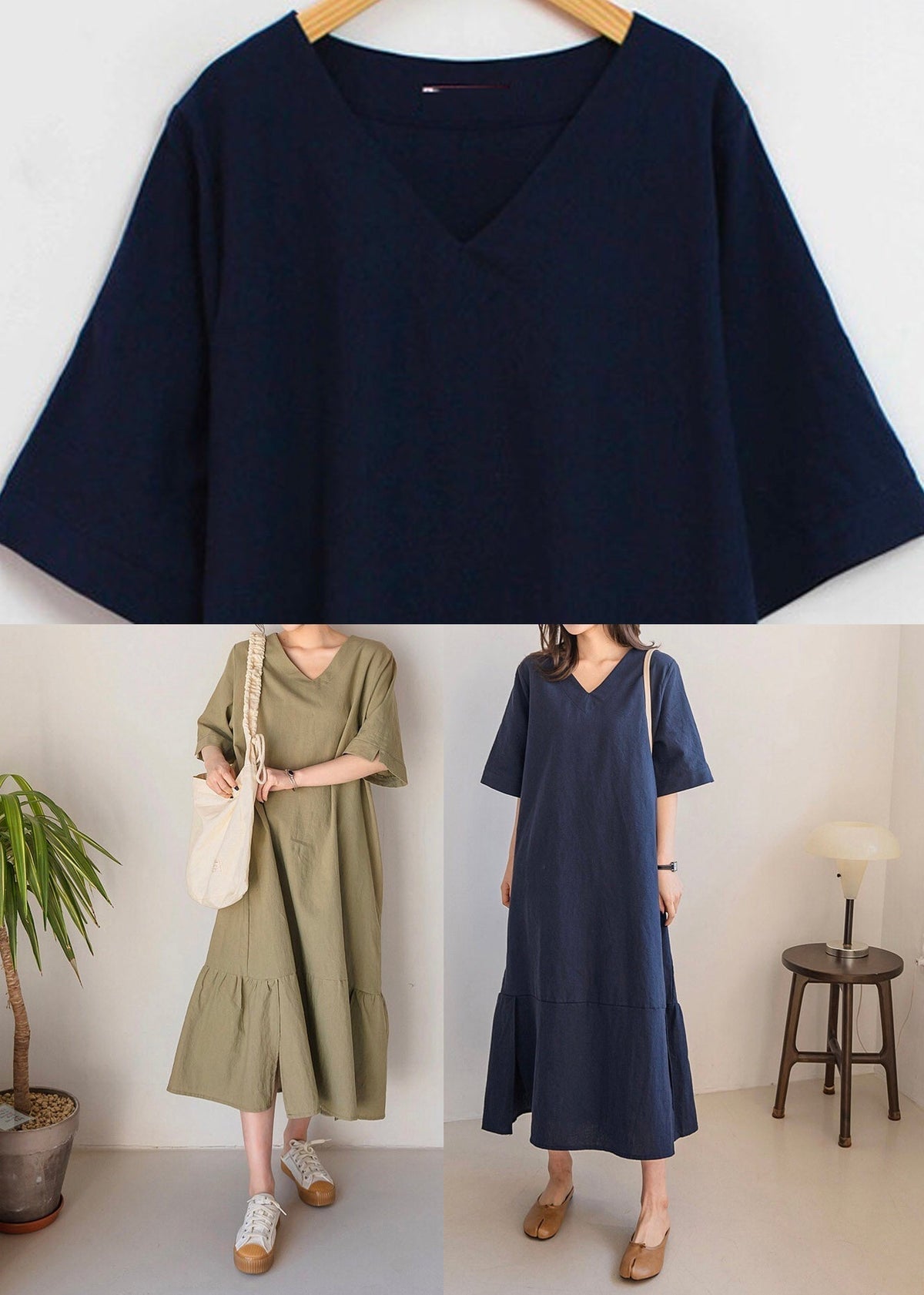 V-Neck Short Sleeve Side Slit Paneled Seam Loose Midi Dress - View 5