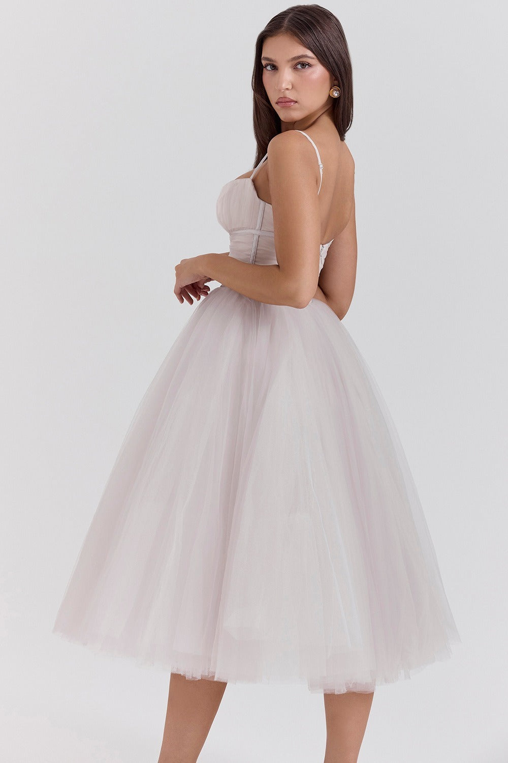 Tulle Sweetheart Spaghetti Strap Corset Fit and Flare Midi Dress - View 13