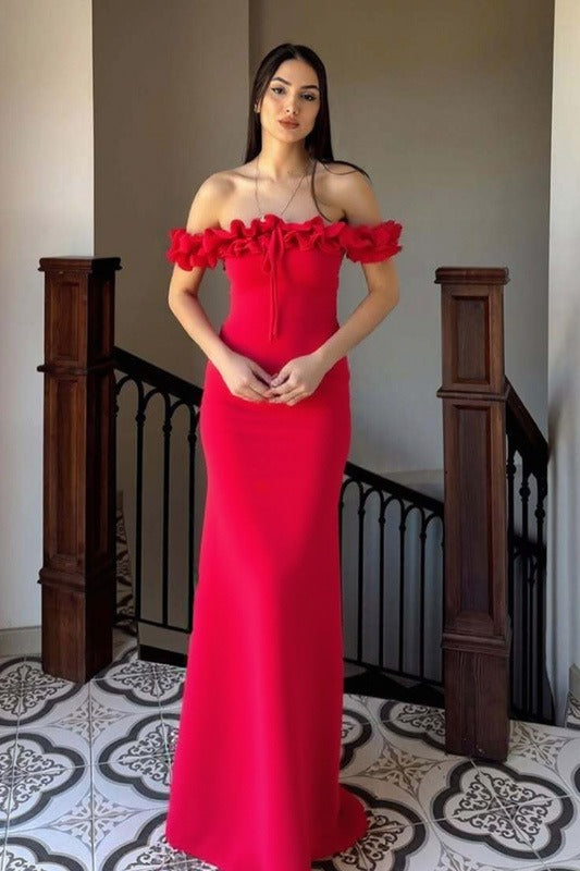 Off Shoulder Ruffle Trim Tie Front Bodycon Maxi Dress - View 2