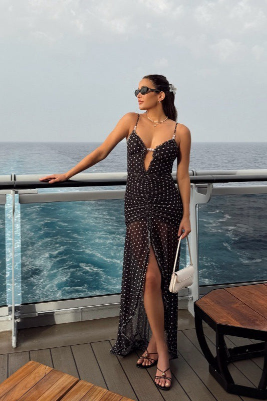 Lace Sheer Mesh Ruched Maxi Dress