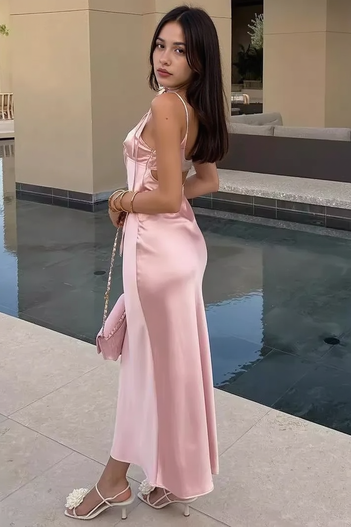 Spaghetti Strap Tie Shoulder Cut Out Satin Slip Maxi Dress 4