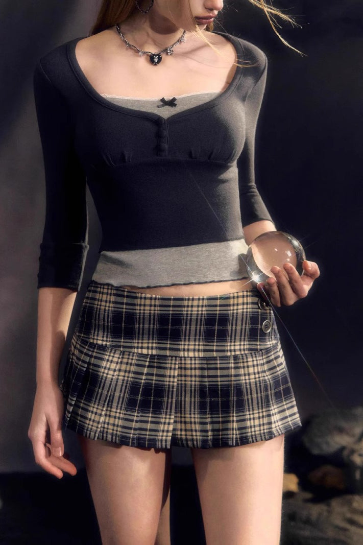 Low-Rise Pleated Denim Mini Skort