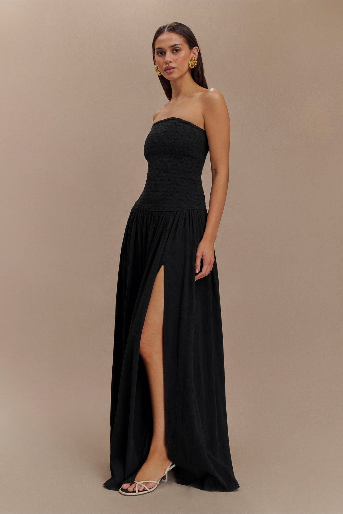 Strapless Ruched High Split Flowy Maxi Prom Dress - View 13