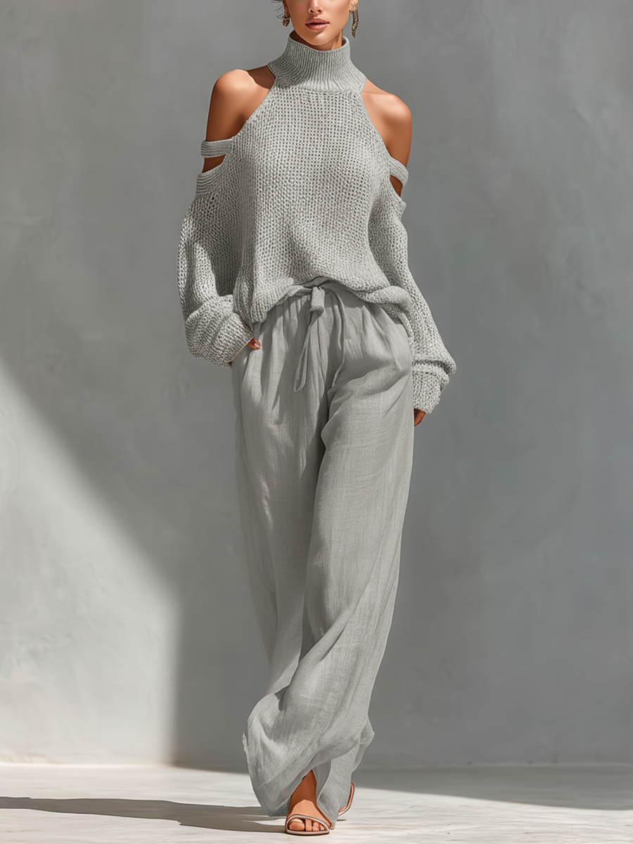 Cold Shoulder Turtleneck Knit Top and Wide Leg Pants Two Piece Set 3