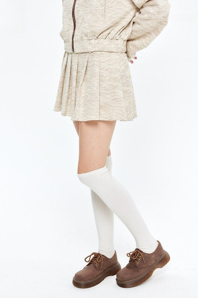 Loose Collared Jacket Pleated A Line Skirt Two Piece Set