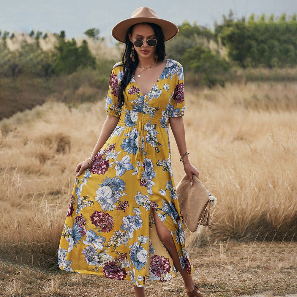 V-Neck Button Front Smocked Drawstring Waist Maxi Dress - View 5