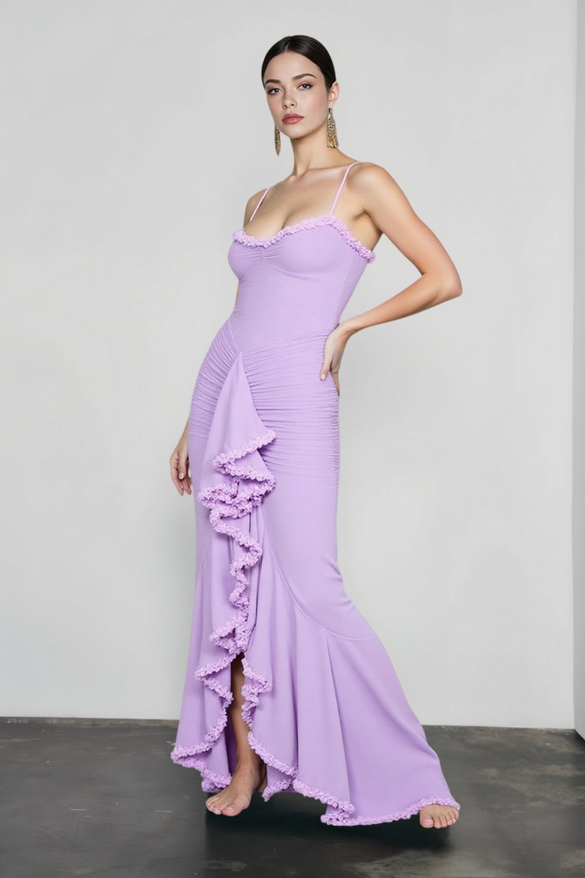 Spaghetti Strap Sweetheart Ruched Ruffle Trim Mermaid Gown 7
