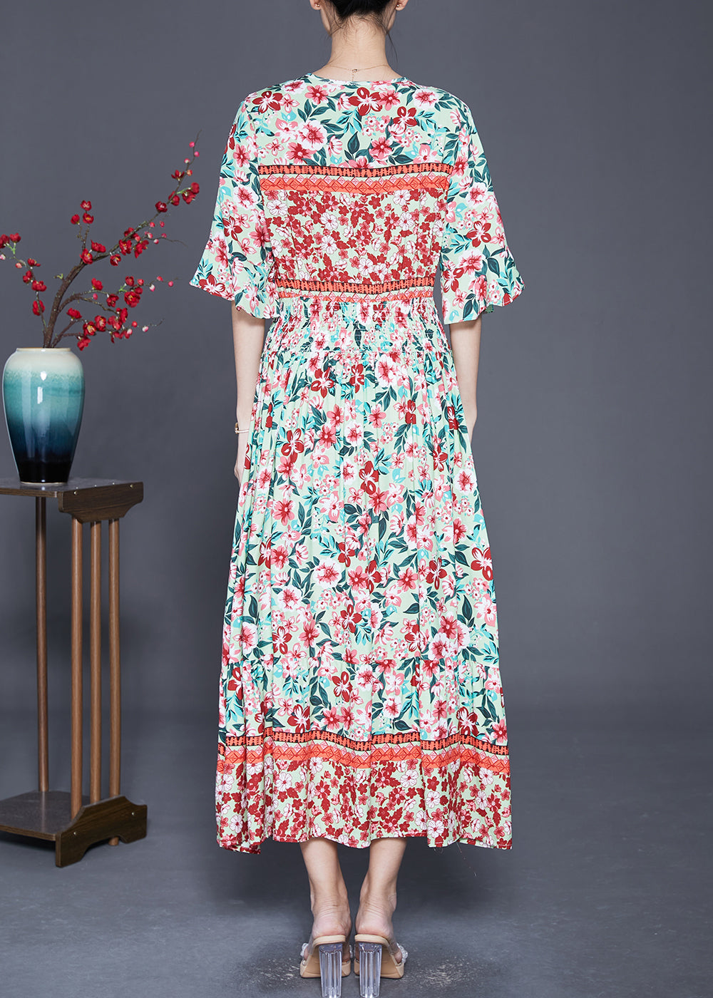 V-Neck Butterfly Sleeve Smocked Waist Border Print Maxi Dress - View 4
