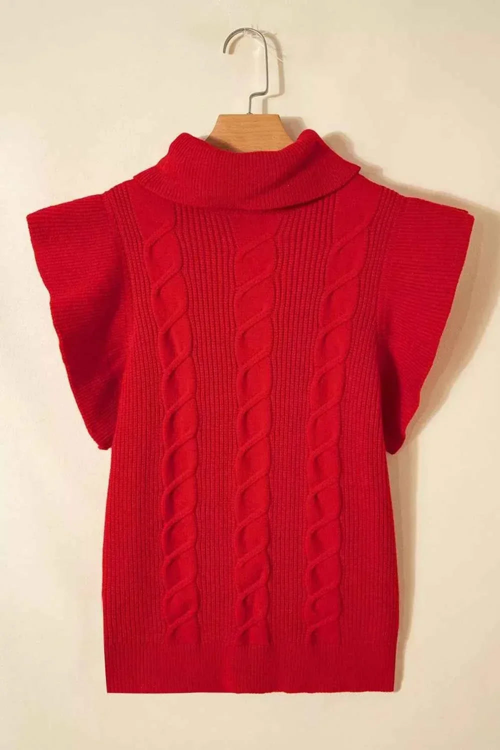 Cable Knit Turtleneck Ruffled Short Sleeve Sweater