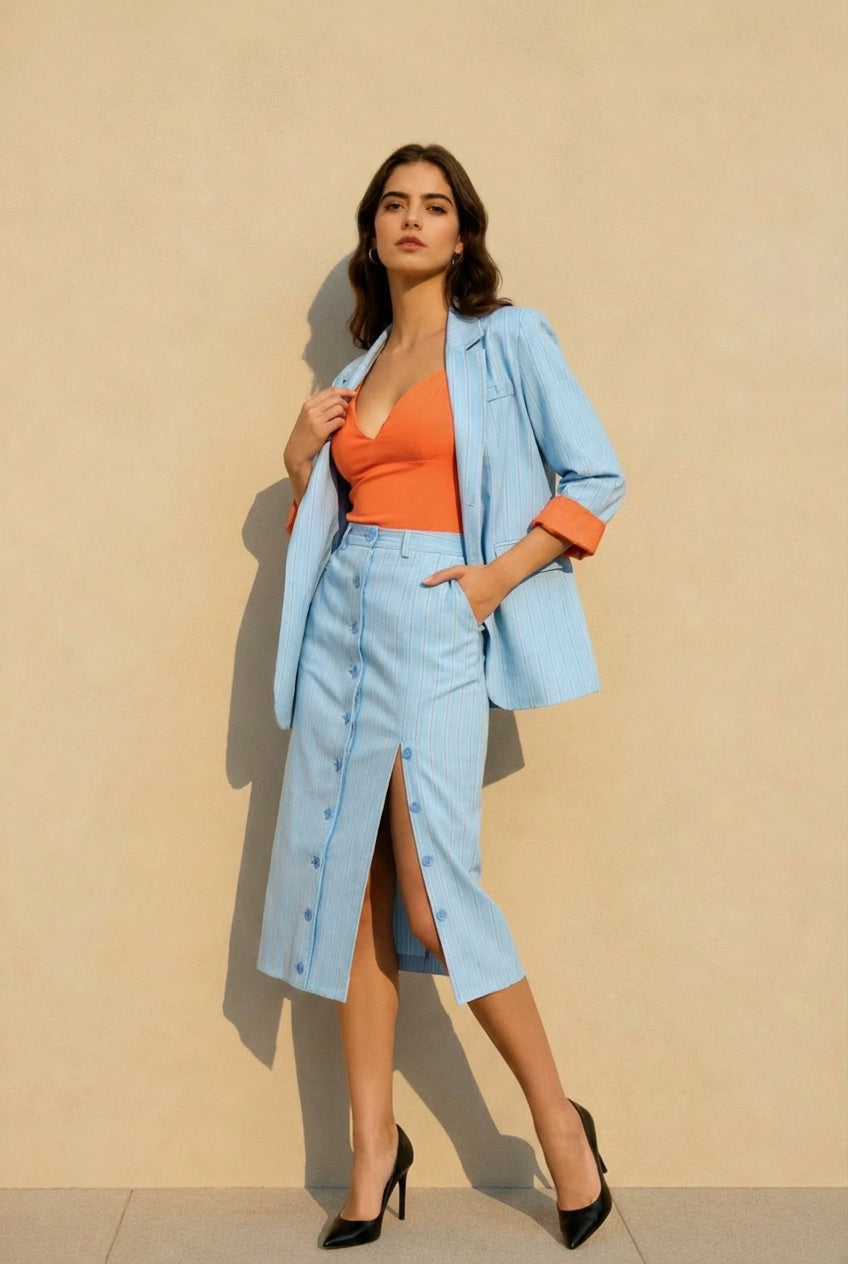 Striped Lapel Long Sleeve Blazer Split Bodycon Two-Piece