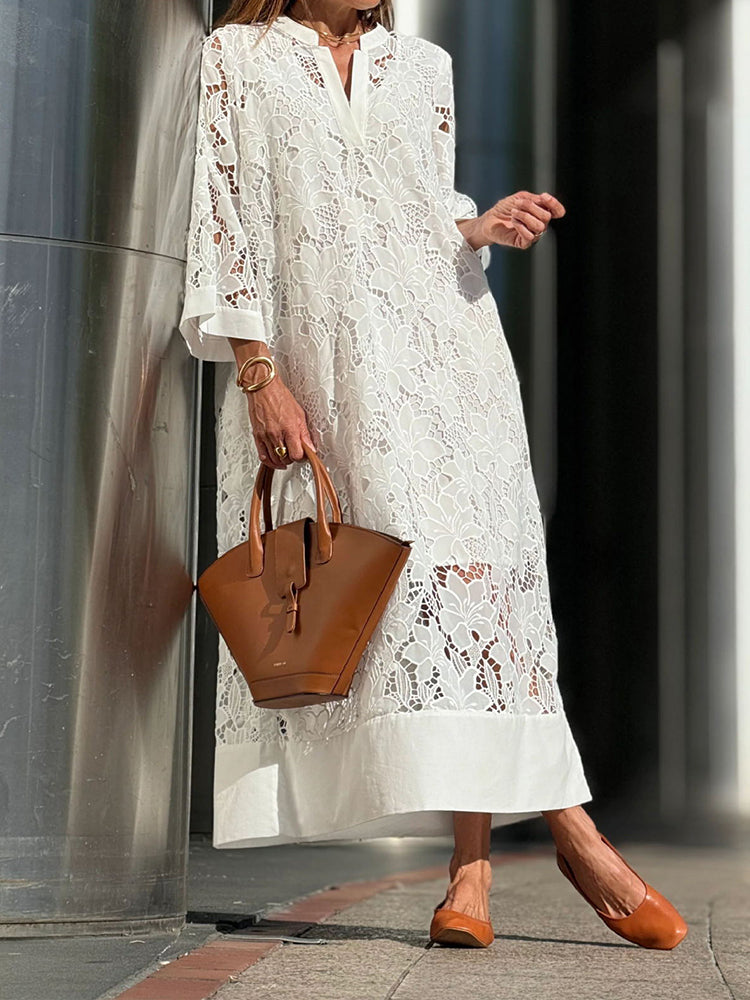 Floral Lace Stand Collar Deep V-Neck Three Quarter Maxi Dress