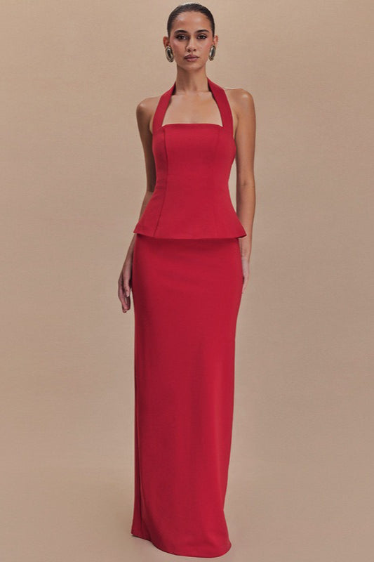 Halter Neck Backless Peplum Maxi Gown - View 7