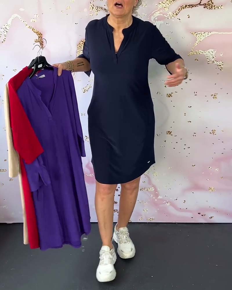 Three Quarter Sleeve Notched V-Neck Shift Knee Length Dress - View 2