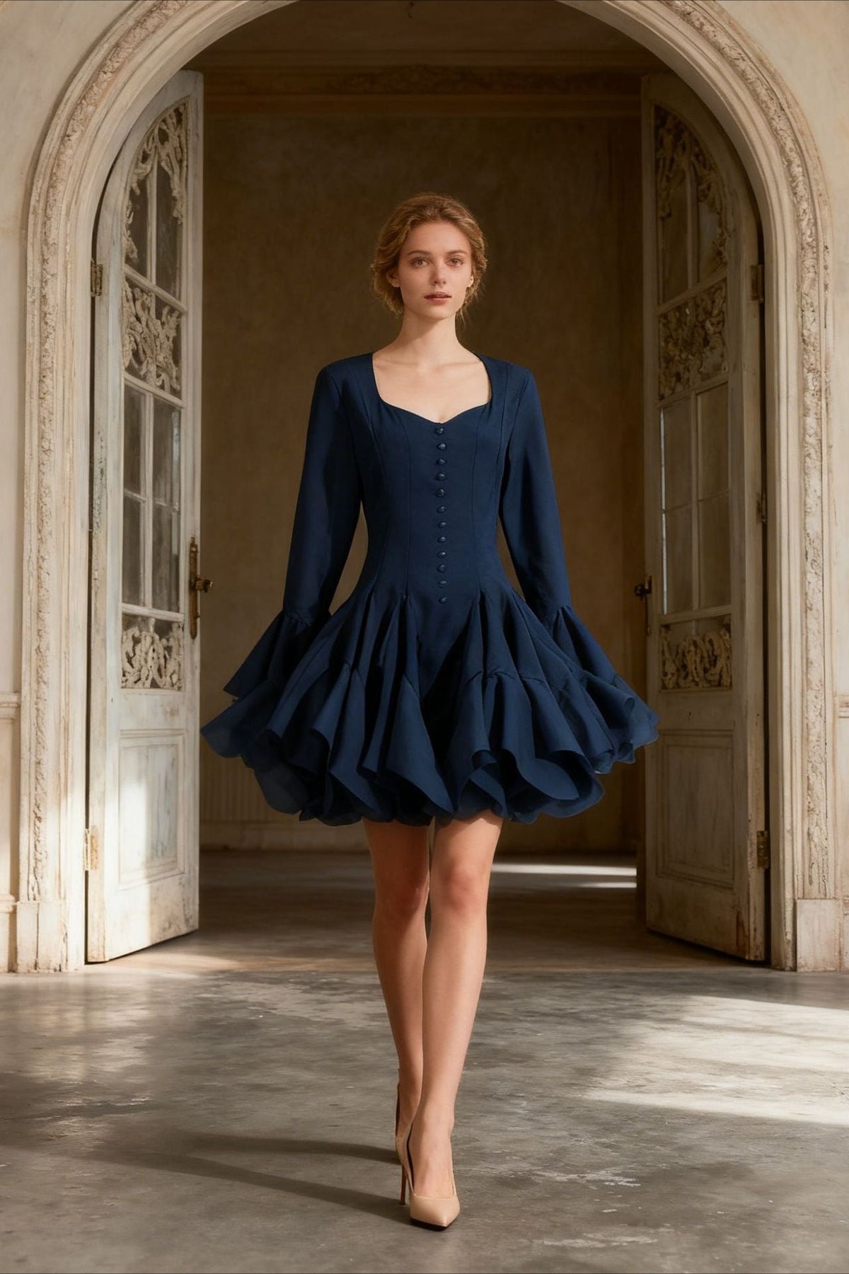 Square Neck Long Sleeve Button Front Fit and Flare Mini Dress - View 3