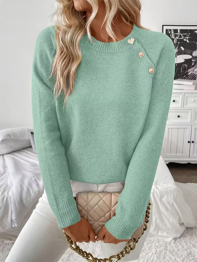 Crew Neck Long Sleeve Shoulder Button Sweater 5