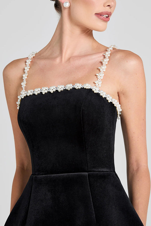 Sweet Poetry Velvet Pearl Trim Straps Pocketed Tulip Style Mini Dress - View 7