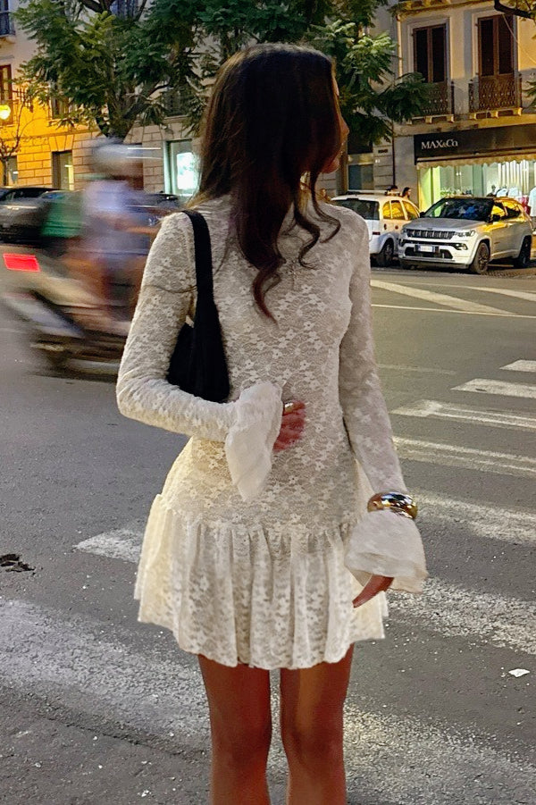 Lace High Neck Long Sleeve Ruffle Hem Mini Dress - View 3