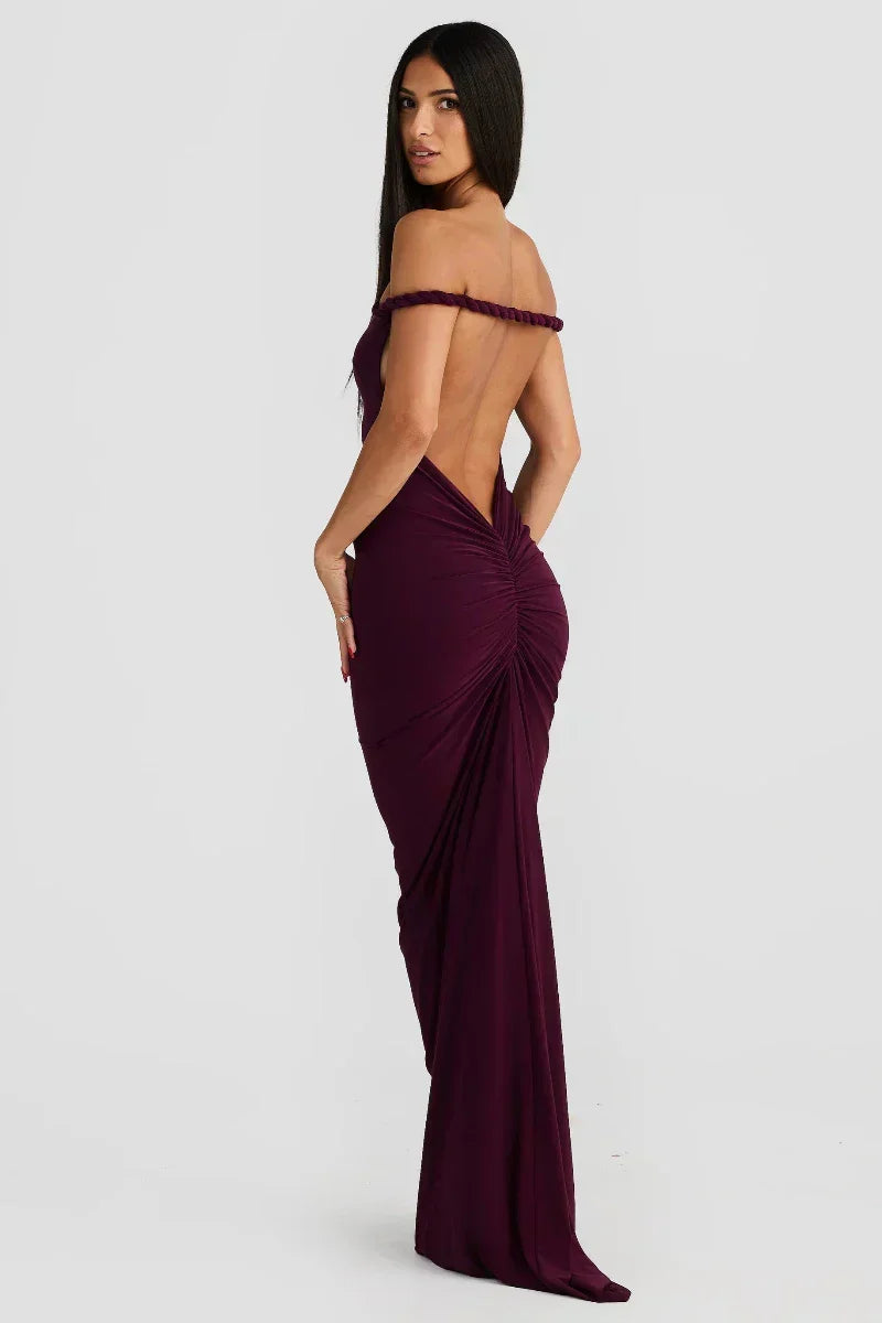 Off Shoulder Fold Over Sleeve Knit Bodycon Floor Length Gown - View 14