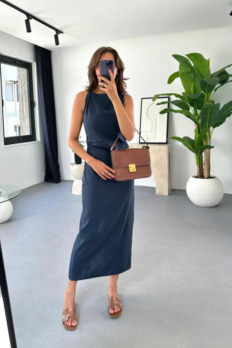 Boat Neck Sleeveless Gathered Waist Linen Look Midi Dress