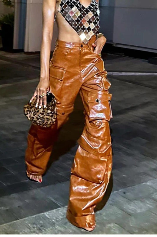 Multi Pocket PU Paneled Loose Wide Leg Cargo Pants