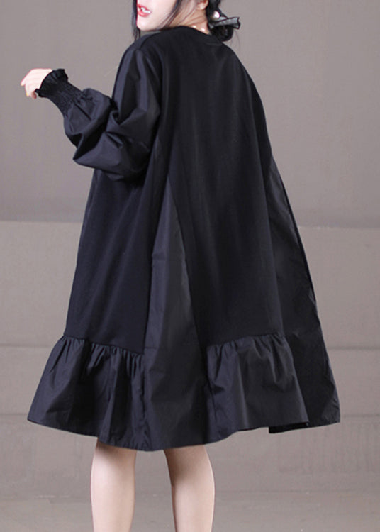 Knit Panel Round Neck Balloon Sleeve Smocked Cuff Mini Dress - View 4