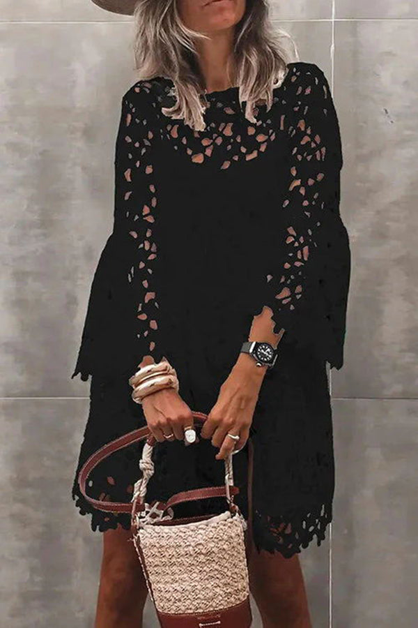 Floral Crochet Lace Bell Sleeve Mini Dress - View 4