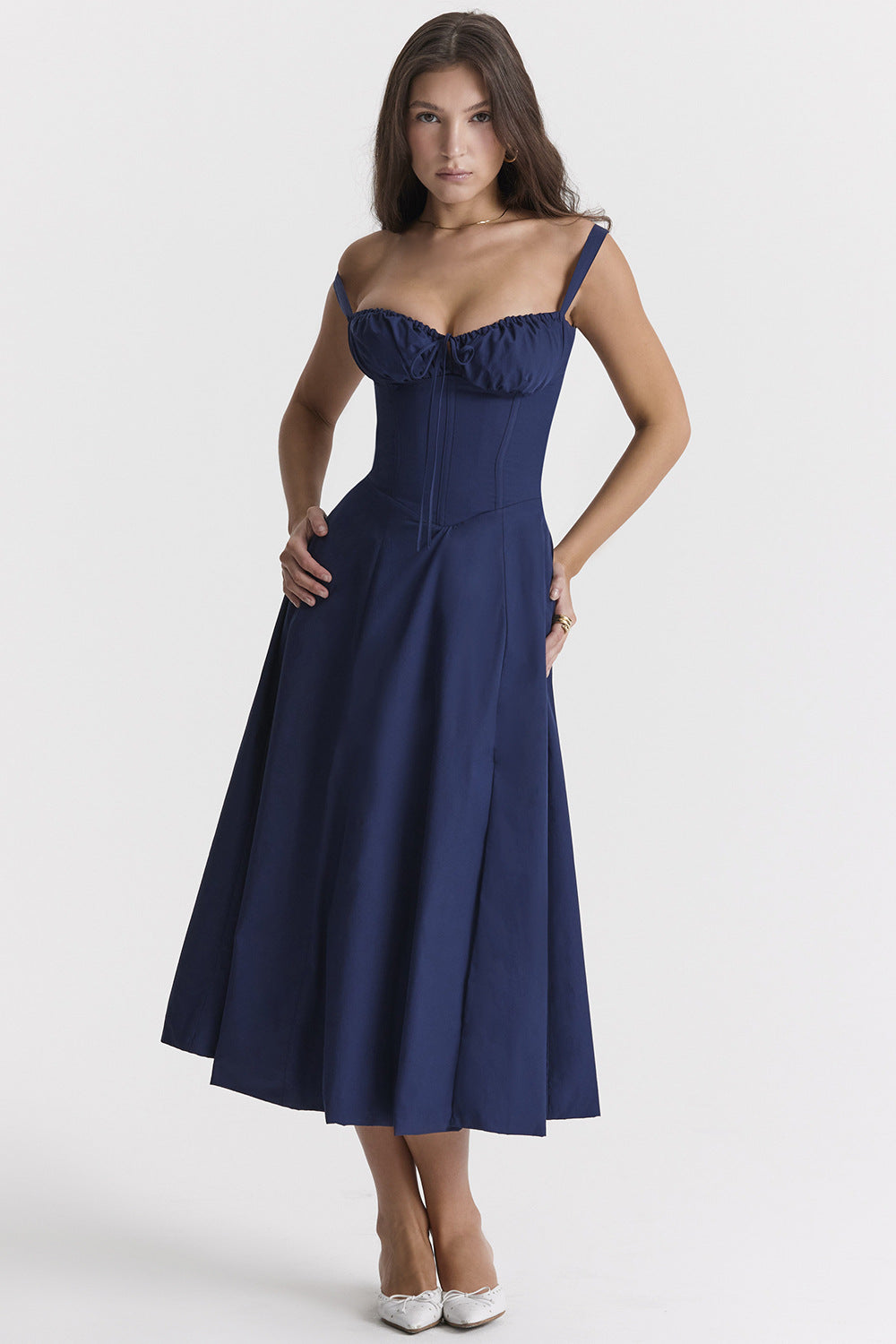Sweetheart Neck Corset Tie Front Fit and Flare Midi Dress - View 3