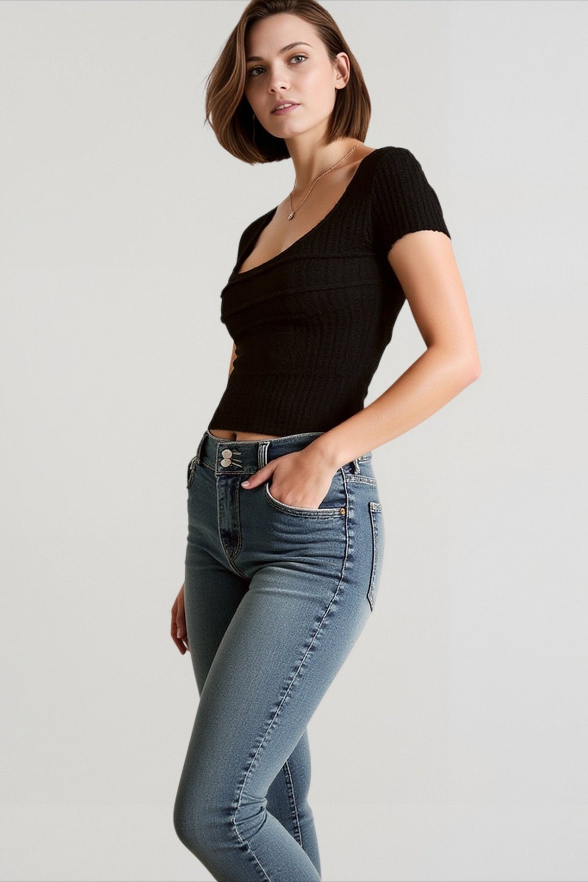 Scoop Neck Short Sleeve Ribbed Knit Top 5