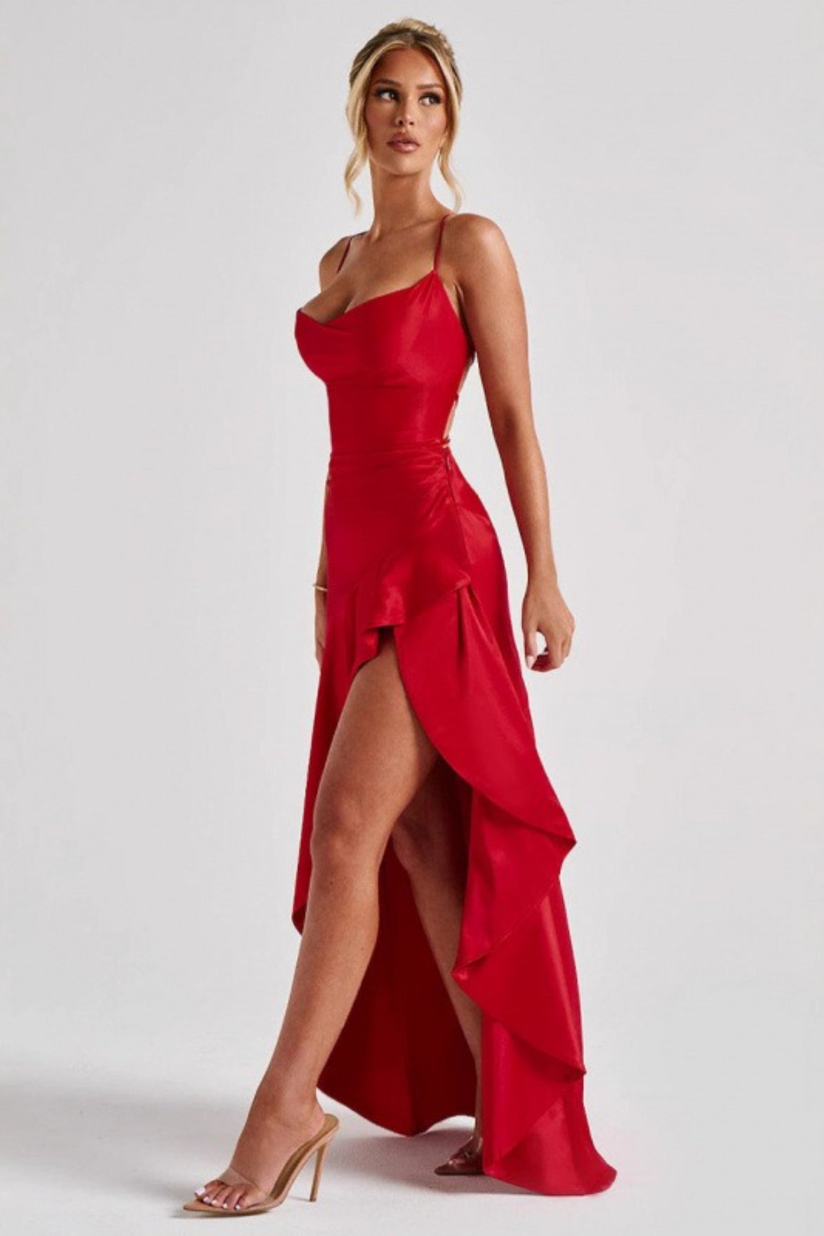 Satin Cowl Neck Lace Up Back Ruffle High Low Maxi Dress 2